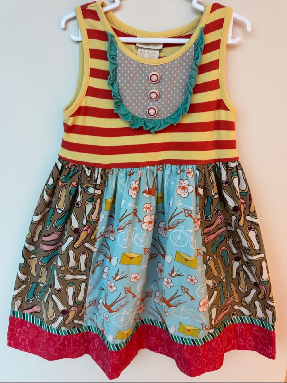 Matilda Jane Yellow & Red Striped Tank Dress with Blue and Brown Printed Skirt